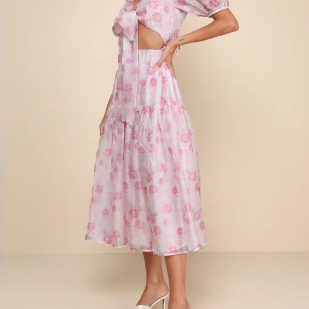 Lulus Ideal Poise Blush Floral Chiffon Backless Tie-front Midi Dress Pink - Picture 4 of 5
